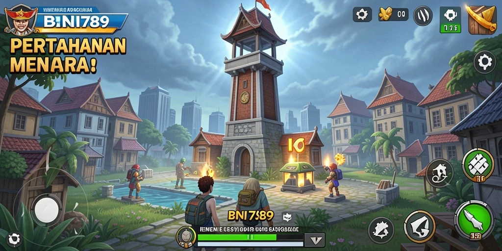 Screenshot gameplay BNI789 menampilkan pertahanan menara yang seru.