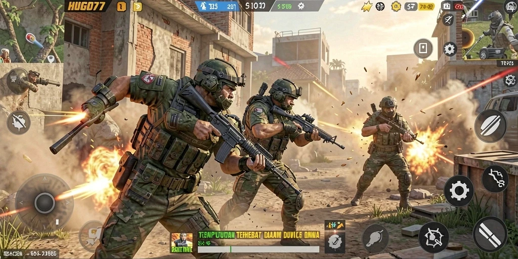Tampilan gameplay intens di HUGO77 dengan aksi pertempuran seru.