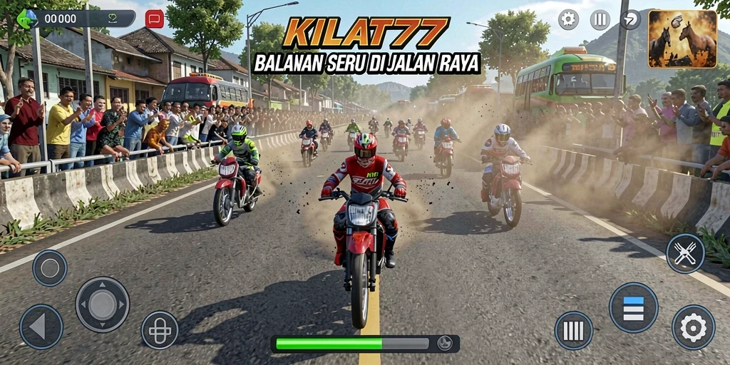 Tampilan gameplay seru dari KILAT77 saat balapan di trek menarik.