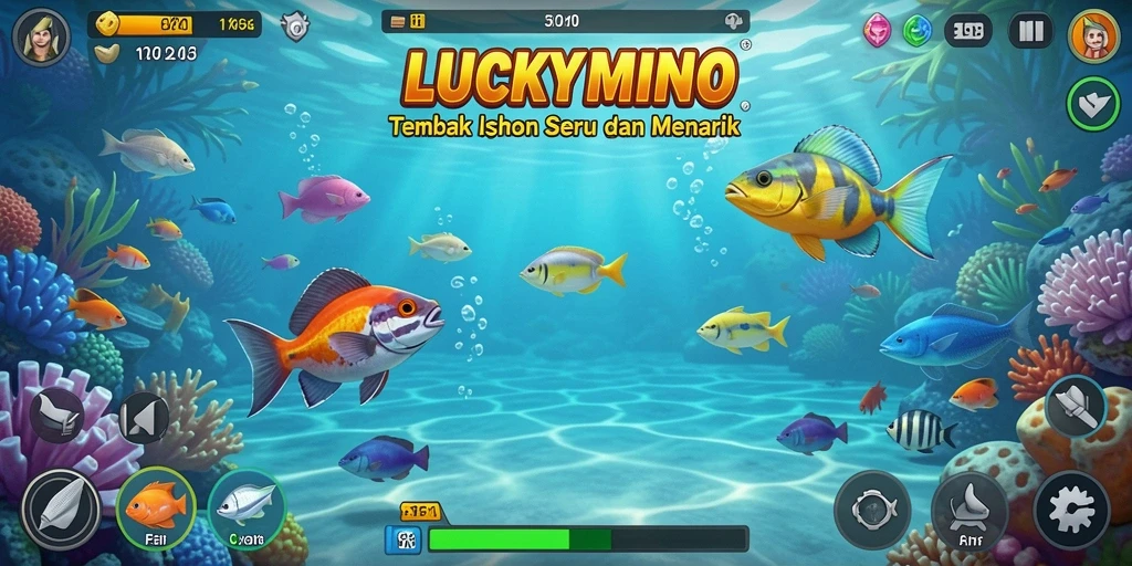 Tangkapan layar gameplay menembak ikan di LUCKYMINO.