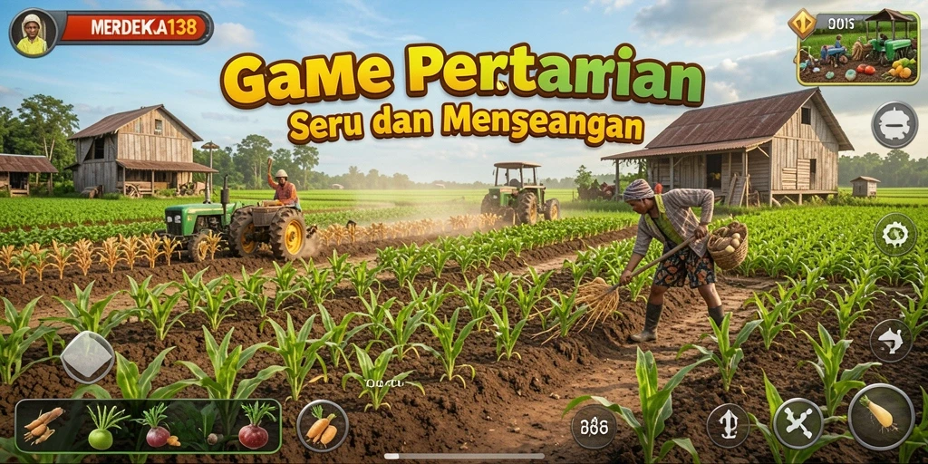 Screenshot gameplay MERDEKA138 menunjukkan petani merawat tanaman dan hewan.