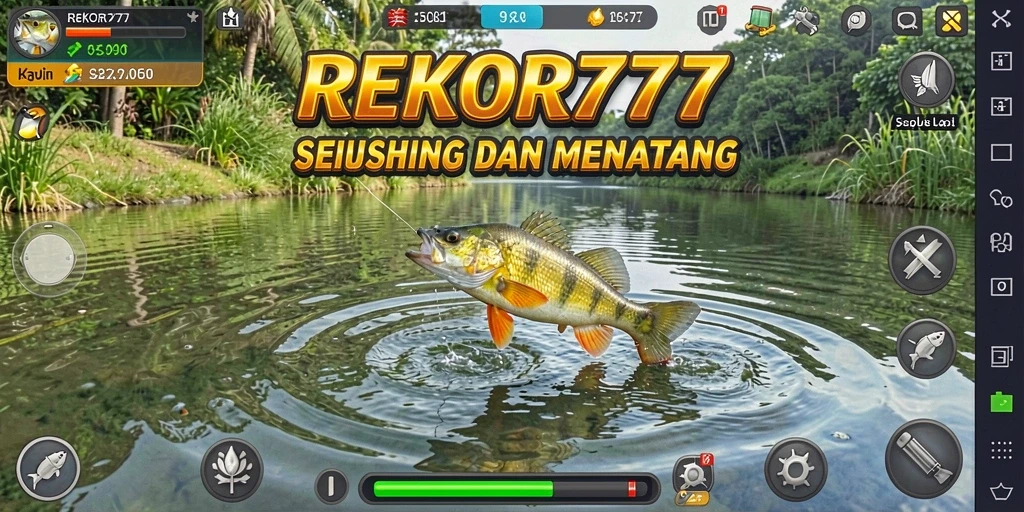 Screenshot utama REKOR777 menunjukkan pemain menangkap ikan di tengah laut.