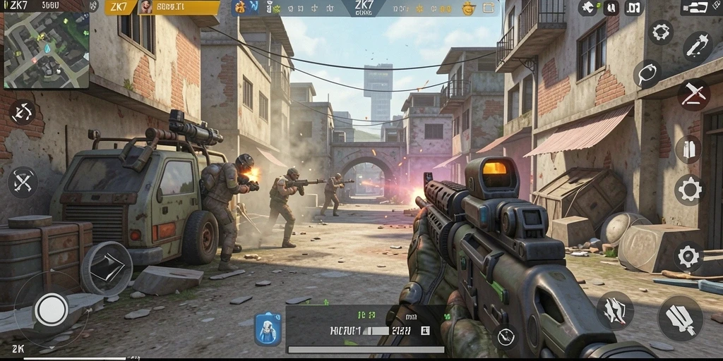 Screenshot gameplay ZK7 yang menunjukkan aksi tembak-menembak yang intens.